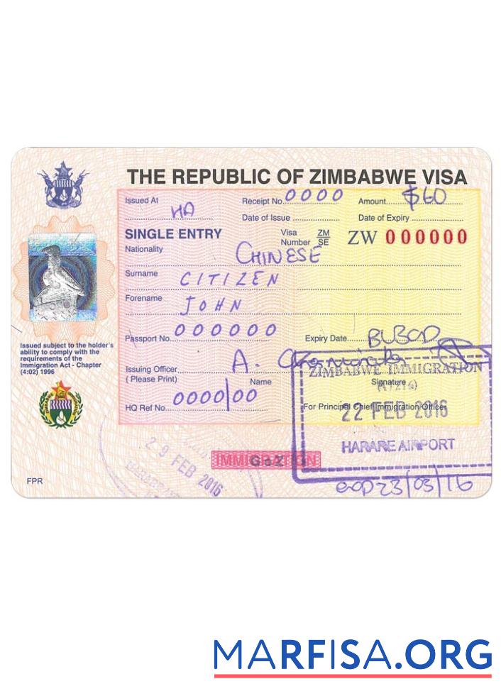 Downloadable Zimbabwe entry visa example